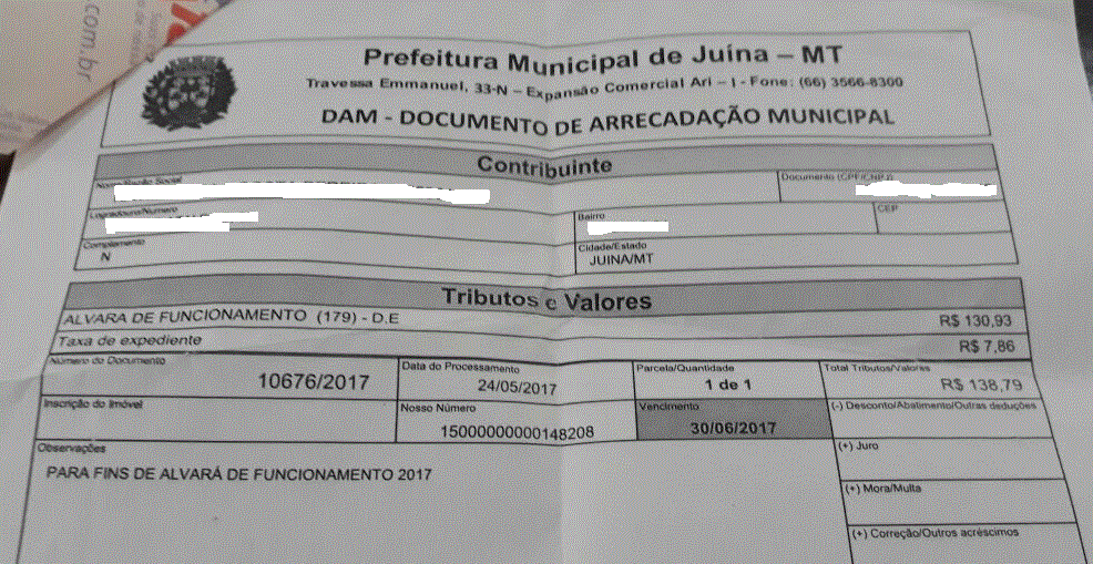Comprovante de pagamento, ano 2017